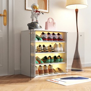Airsurfer Shoe Box with RGB LED Light, Wooden Stackable Shoe Storage Box with Glass Door, Shoe Storage Bin Shoe Display Case for Sneakers (4 Tier-1) - 1 of 4