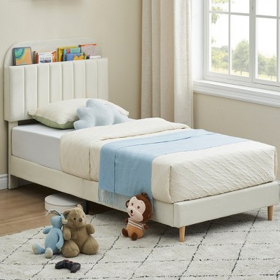Twin Size Bed Frames, Velvet Upholstered Platform Bed Frame with Storage Headboard and Strong Wooden Slats, Noise-Free/Easy to Assemble