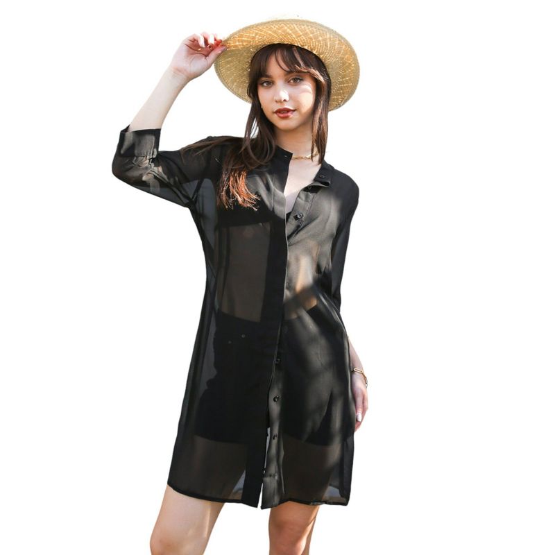 Anna-Kaci Women's Junior Black Sheer Chiffon Long Tunic Blouse Dress Shirt, 5 of 7
