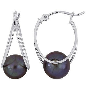 EVERLY JEWELRY | 10k Gold 8 - 8.5 MM Cultured Freshwater Pearl Drop Hoop Earrings - Multiple metal color & pearl color options. - 1 of 4
