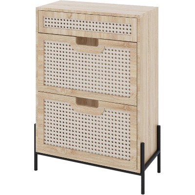 Narrow Rattan Shoe Cabinet with 2 Flip-Doors & Flip-Drawer, Freestanding Storage Organizer with Metal Legs for Entryway Hallway & Living Room