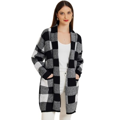 thumbnail image 2 of Women's Oversized Checkered Cardigan – Color Block Plaid Open Front Knit Jacket – Long Sleeve Casual Coat 2 of 14
