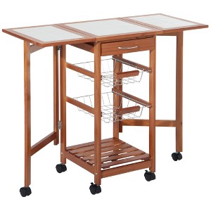 HOMCOM 37" Modern Wooden Drop Leaf Kitchen Island Rolling Cart With Basket Storage - 1 of 4