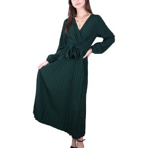 Anna-Kaci Women's Long Sleeve V-Neck Maxi Dress with Pleated Skirt and Waist Tie - 1 of 4