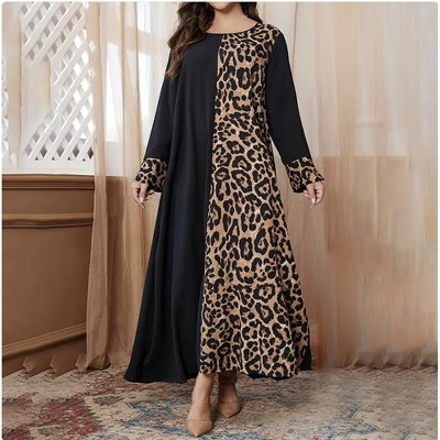 Wikineon Women¡¯s Leopard Print Maxi Dress - Color Block Design with Long Sleeves: Perfect Casual Summer Dress for Effortless Style,XL Size