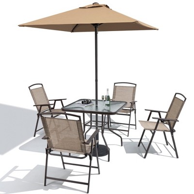 Crestlive Products 6 PCS Patio Dinning Set 4 Folding Chairs Square Tempered Glass Table and Umbrella Set