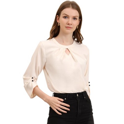 INSPIRE CHIC Women's Work Office Keyhole Pleated Front Ruched 3/4 Sleeve Chiffon Blouse