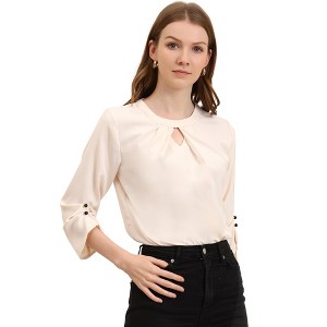 INSPIRE CHIC Women's Work Office Keyhole Pleated Front Ruched 3/4 Sleeve Chiffon Blouse - 1 of 4