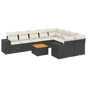 vidaXL 10 Piece Patio Sofa Set with Cushions Black Poly Rattan - Black and Cream Table + 5x Middle + 2x Corner - 1 of 4