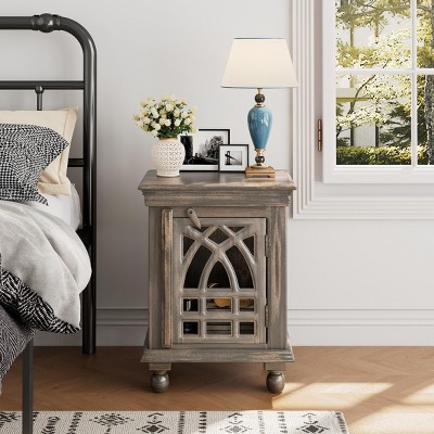 INFURNIC Nightstands Antique Grey Wood Nightstand with Carved Details and Storage for Bedroom or Living Room, Gray, 18"*14"*24"