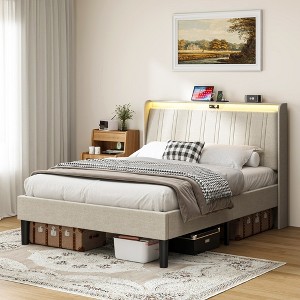 KIGFTSOD Platform Bed Frame with Fabric Upholstered Headboard and Wooden Slats Support - 1 of 4