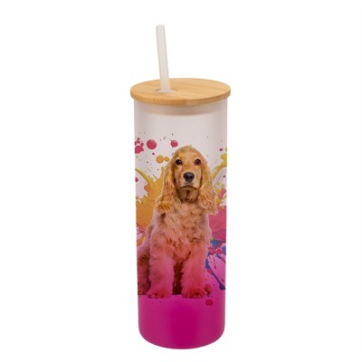 100 North 25 Ounce Frosted Glass Gradient Travel Tumbler With Straw & Wooden Lid, Cocker Spaniel Dog Paint Splatter Pink