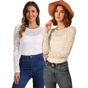 INSPIRE CHIC Women's Vintage Semi-Sheer Puff Long Sleeve Embroidery Lace Floral Blouse 2 Packs - 1 of 4