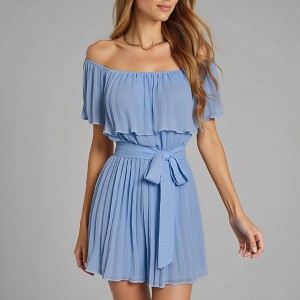 Knit & Lounge Women’s Off Shoulder Pleated Romper Flounce Ruffle Overlay Self Tie Waist Short Sleeve Dressy One Piece - 1 of 4