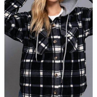 Women's Long Sleeve Plaid Button Down with Hoodie Fleece Jacket - Active Basic