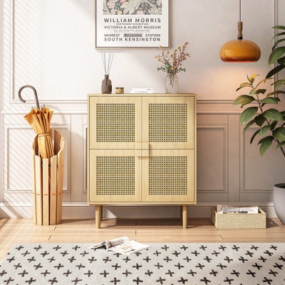 VYNXARIA 4-Doors Rattan Mesh Storage Cabinet, Sideboard with Eight Storage Spaces, for Entryway, Living Room, Hallway (Natural)