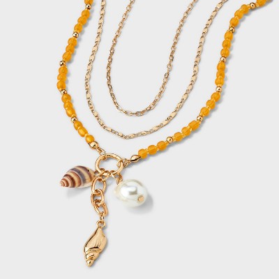 Beaded Seashell Charm Pendant Necklace - A New Day™ Gold/Pink