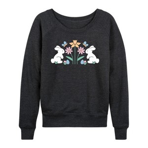 Women's - Instant Message - Stencil Bunnies With Flowers Lightweight French Terry Wide Neck Long Sleeve Shirt - 1 of 4