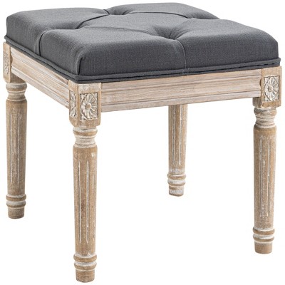 HOMCOM 15.75" Vintage Ottoman, Tufted Foot Stool with Upholstered Seat, Rustic Wood Legs for Bedroom, Living Room