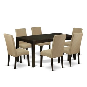 Baroque Beauty Dining Set - 6Pc Rectangular Table & Chairs - Cappuccino Finish - Linen Fabric - Brown - 1 of 4