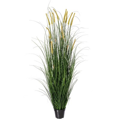 Tiny Green and Yellow Faux Grass Arrangement in Black Pot