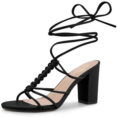 Perphy Women's Woven Braided Slingback Lace Up Chunky Heel Sandals