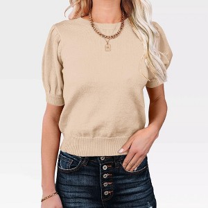 Women's Casual Crew Neck Short Sleeve Sweater Tops for Spring and Summer 2025,Light Apricot - S - 1 of 4