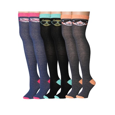 Isadora Paccini Womens 3 Pairs Cat Face Mystical Feline Trio Colors Pattern Over The Knee High Socks