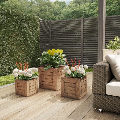 Pure Garden 3-Piece Square Planter Set - Fiber Clay Pots with Drainage Holes for Herbs, Plants, and Flowers