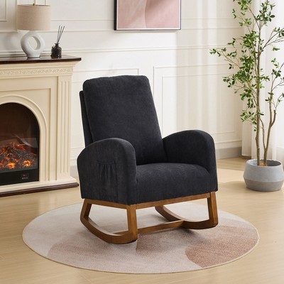 27.2"Rocking Chair w/Rubber Wood Legs, Polyester Glider Chair w/High Back and Side Pocket for Living Room Bedroom Nursery,Black