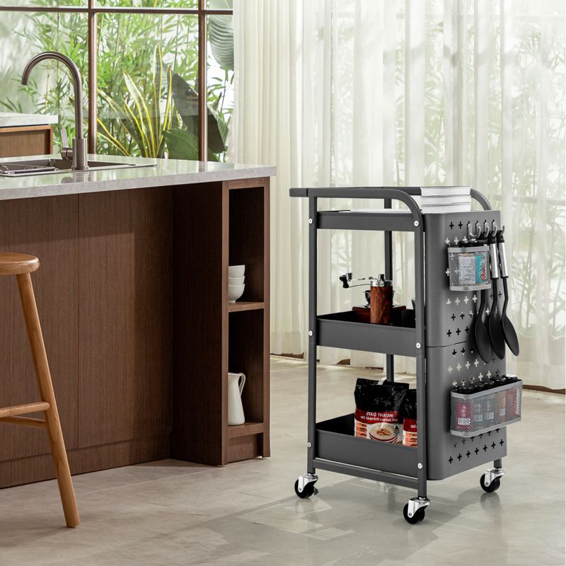 Costway 3-Tier Rolling Cart Storage Trolley Organizer w/ DIY Dual Pegboards, Mobile Metal Utility Cart on Wheels Serving Cart for Kitchen Office, 3 of 11
