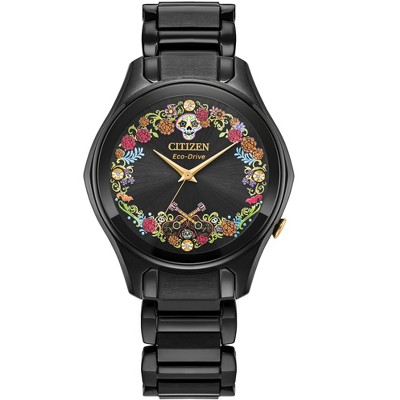 Citizen Ladies Eco-Drive Pixar Sugar Skull Watch, Black Stainless Steel Bracelet, Black Dial