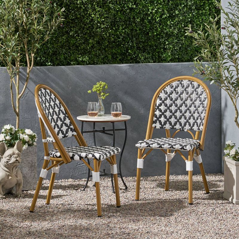 Louna 2pk Outdoor French Bistro Chairs with Bamboo Finish - Black/White - Christopher Knight Home, 3 of 12