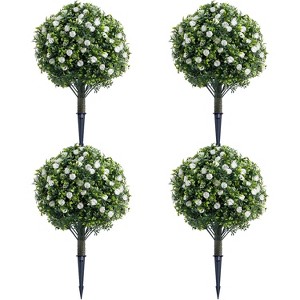 Set of 2 Artificial Topiary Ball Trees with Metal Stakes, 21.6" UV-Resistant PE Fake Plants with Begonia Flowers for Indoor/Outdoor Decor - 1 of 4