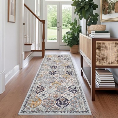 Washable Vintage Printed Rug Non Slip Low Pile Rug Soft Retro Throw Floor Cover Foldable Indoor Carpet for Living Room Bedroom Playroom Nursery