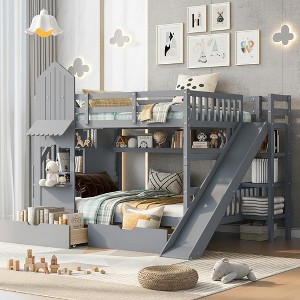 Polibi Castle-Inspired Full-Over-Full Bunk Bed with Slide, Staircase Storage & Dual Drawers - 1 of 4