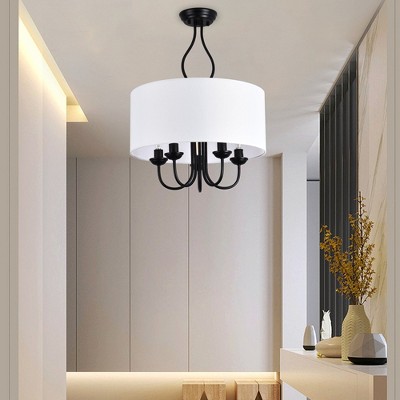 PAKOKULA Farmhouse 5-Light Matte Black Candlestick Dimmable Semi-Flush Mount with White Drum Fabric Shade
