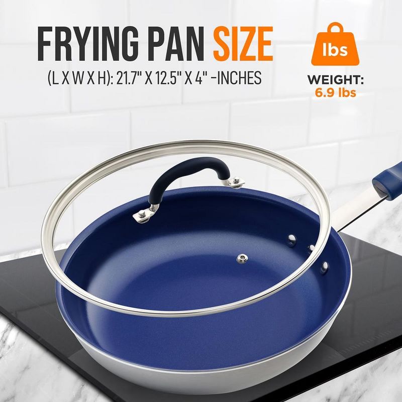 NutriChef 12" Fry Pan With Lid - Large Skillet Nonstick Frying Pan with Silicone Handle, Ceramic Coating, Blue Silicone Handle, 2 of 4