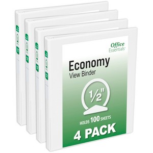 Office Essentials Economy View 3 Ring Binders, 0.5" Round Rings, 0.7" Spine, 100-Sheet Capacity, White Binders (4-Pack of 03124) - 1 of 4