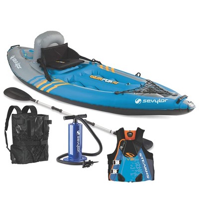 Sevylor K1 QuikPak 1 Person Foldable Inflatable Sit-On Kayak w/ Paddle and Pump & Stearns Men's V2 Series Neoprene V-Flex Life Jacket Vest, Blue, 2XL