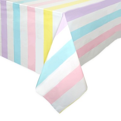 Pastel Striped Plastic Tablecloth Set for Parties, 54 x 108 inches