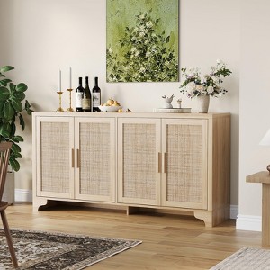 4-Door Sideboard Buffet Cabinet, Rattan Storage Cabinet with Adjustable Shelves, Boho Console Table for Entryway, Living Room, Kitchen, Coffee Bar - 1 of 4