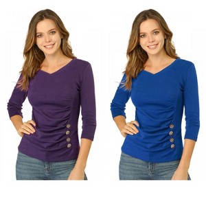INSPIRE CHIC Women's V Neck 3/4 Sleeves Solid Knitted Buttons Decor Ruched Blouse 2 Packs - 1 of 4