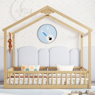 Grungis Double Twin Size Floor Bed for Kids,Modern House-Style Toddler Bed with Safety Guardrails,Montessori Bed for Bedroom