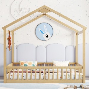 Grungis Double Twin Size Floor Bed for Kids,Modern House-Style Toddler Bed with Safety Guardrails,Montessori Bed for Bedroom - 1 of 4