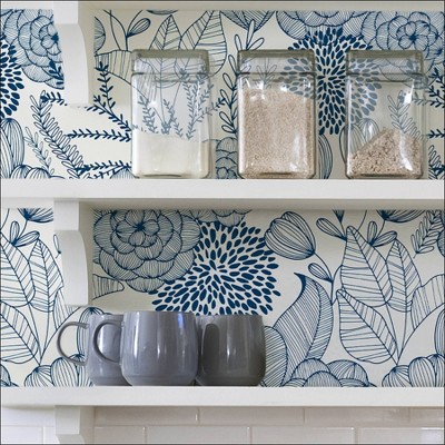 Navy Floral Garden Peel and Stick Wallpaper, Self-Adhesive Vinyl