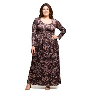 24seven Comfort Apparel Brown Blush Floral Long Sleeve Scoop Neck Maxi Dress - 1 of 3