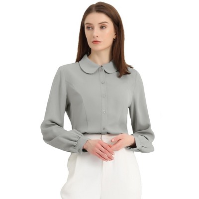 Allegra K Women's Work Peter Pan Collar Long Bishop Sleeve Button Down Shirt
