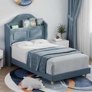 Upholstered Twin Bed Frame, Velvet Platform Bed Frame with Wing Back Storage Headboard, Wood Slats Support, No Box Spring Needed, Easy Assembly - 1 of 4