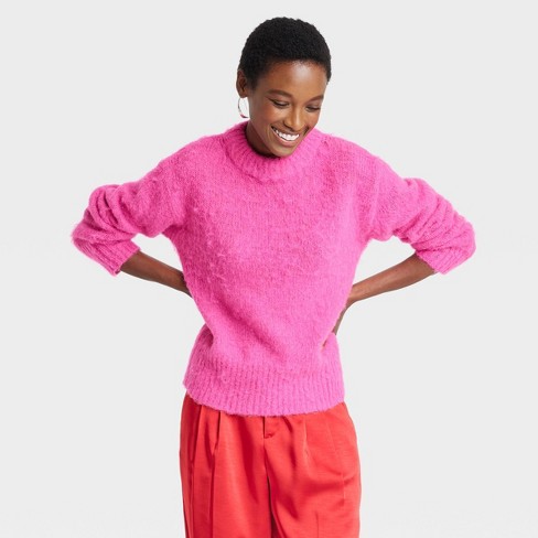 Women s Crewneck Brushed Pullover Sweater A New Day Hot Pink S